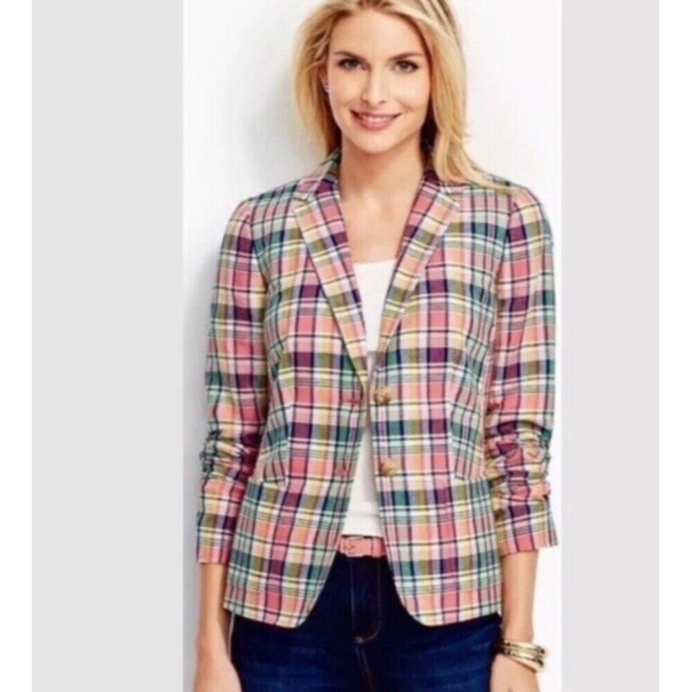 New Talbots Linen Blend Women’s Plaid Madras Career Jacket Blazer Size 10 Preppy
